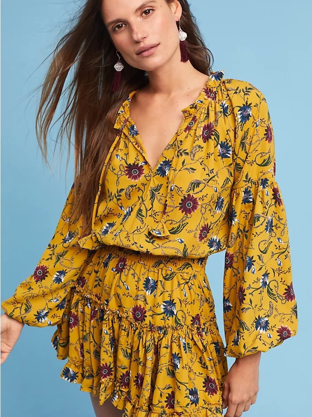 Calvin Klein Yellow Floral Blouse with Turquoise Accents